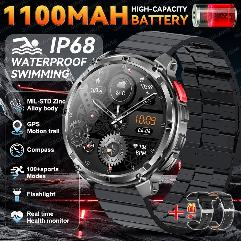 2026 New Military 1100mAh Battery Outdoor Sports SmartWatch Men Compass Flashlight GPS trackr 10ATM Waterproof Fitness Bracelet
