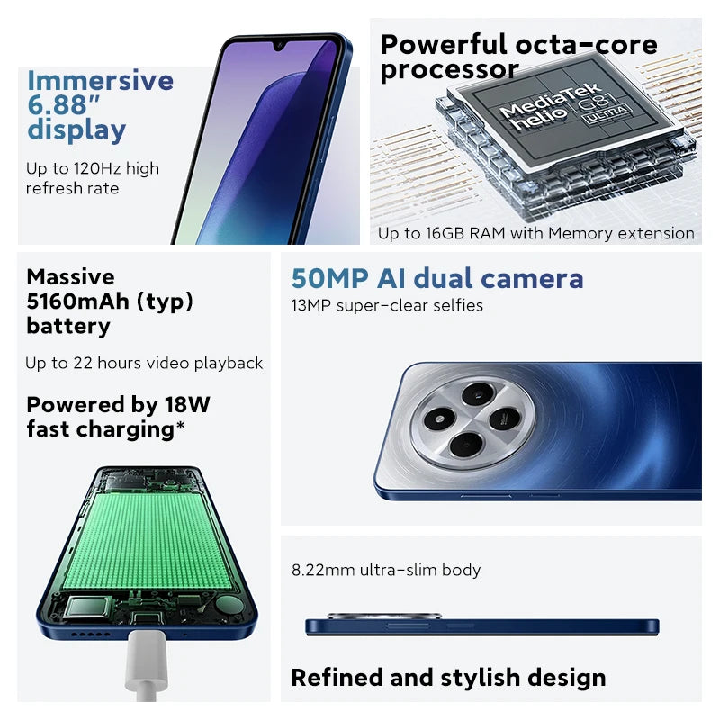 Xiaomi Redmi 14C Smartphone Immersion 6.88'' 120Hz Display 50MP AI Dual Camera Massive 5160mAh Battery