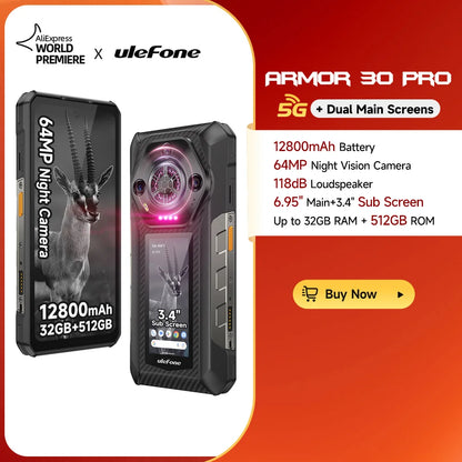 【World Premiere】Ulefone Armor 30 Pro 5G Rugged Phone Android 14 Smartphone 6.9" 120Hz 32GB+512GB 12800mAh Night Camera 64MP NFC