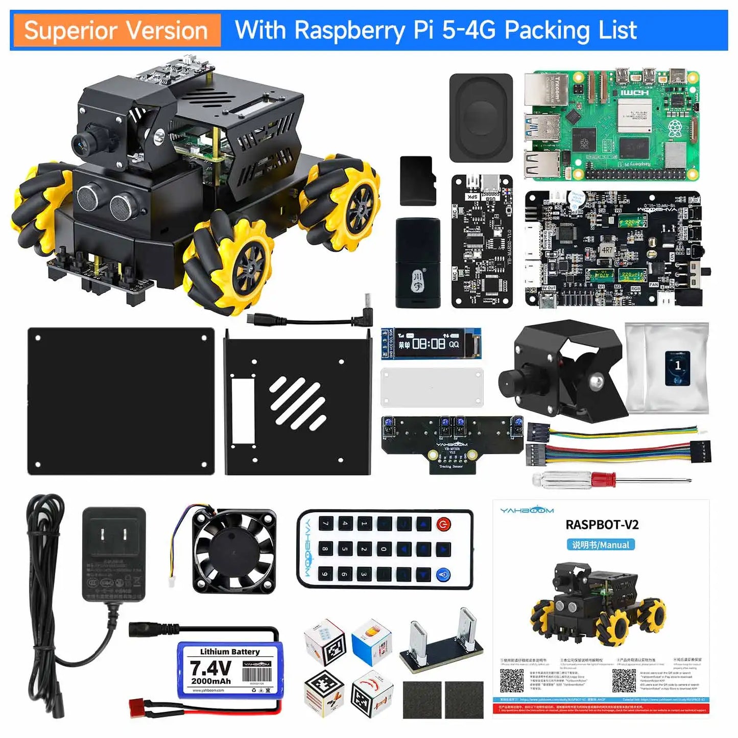 Yahboom Raspbot V2 AI Large Model Robot Car Kit with Camera Mecanum Wheel Toy Educational Python Programming for Raspberry Pi 5
