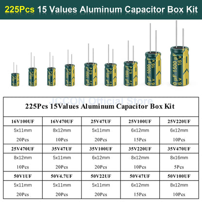 15 Values 225Pcs Aluminum Electrolytic Capacitors with Storage Box Aluminum Electrolytic Capacitors Assortment Kit