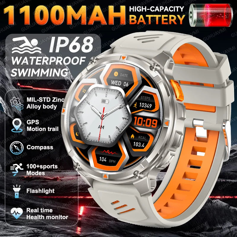 2026 New Military 1100mAh Battery Outdoor Sports SmartWatch Men Compass Flashlight GPS trackr 10ATM Waterproof Fitness Bracelet
