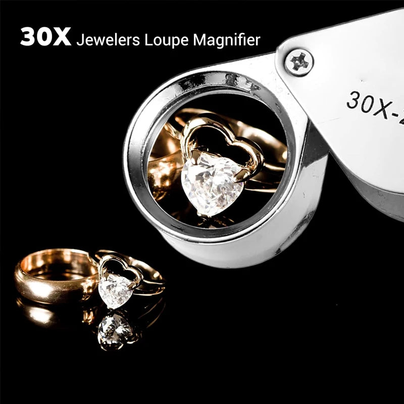 10-30X Pocket Loupe Magnifier Jewelry Magnifying Glass Foldable Diamond Lupa Triplet Jewelers Eye Glass Tool Reading Magnifiers