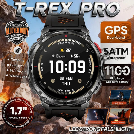 2026 New T-Rex3 Pro 1100mAh Battery Smart Watch GPS path 5ATM Waterproof Sports Run tracker Outdoors Compass Military Smartwatch