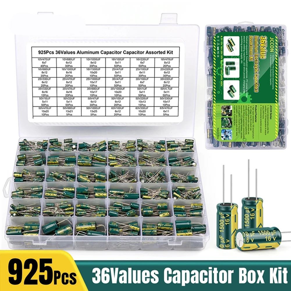 15/24/36 Values 225/460/925Pcs Aluminum Capacitors Set 16V-50V Aluminum Electrolytic Capacitors Assortment Kit for DIY Projects