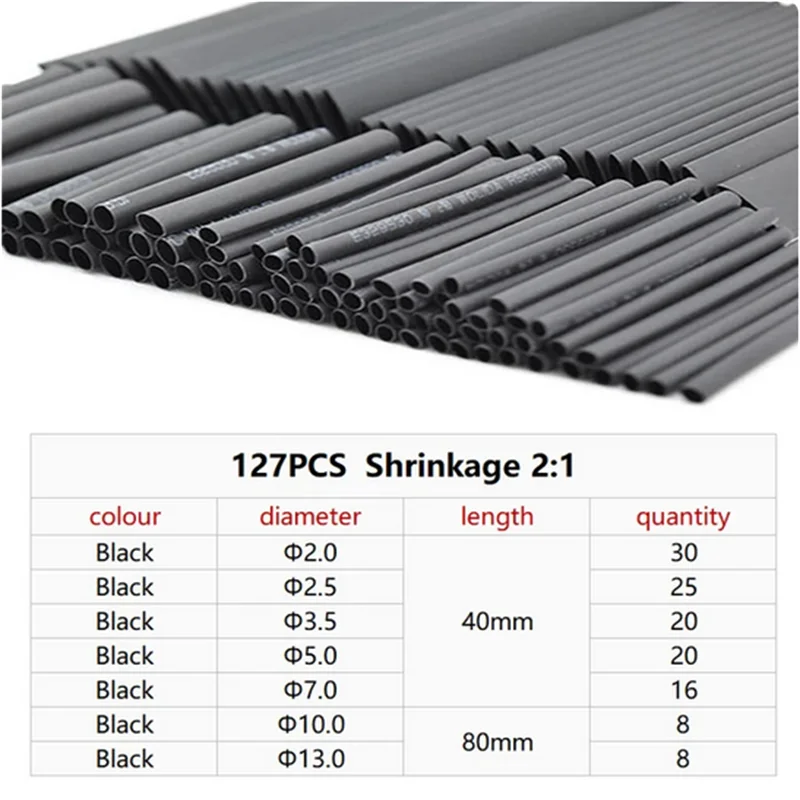 127PCS Heat-shrink Tubing Kit 2:1 black Thermoresistant Tube Electrical Connection Wire Cable Insulation Sleeving