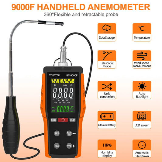 2026 New Model BT-9000F Handheld Anemometer Wind Speed Meter, Adopt Thermal Sensor, Capable of Measuring Minimum Wind Speed