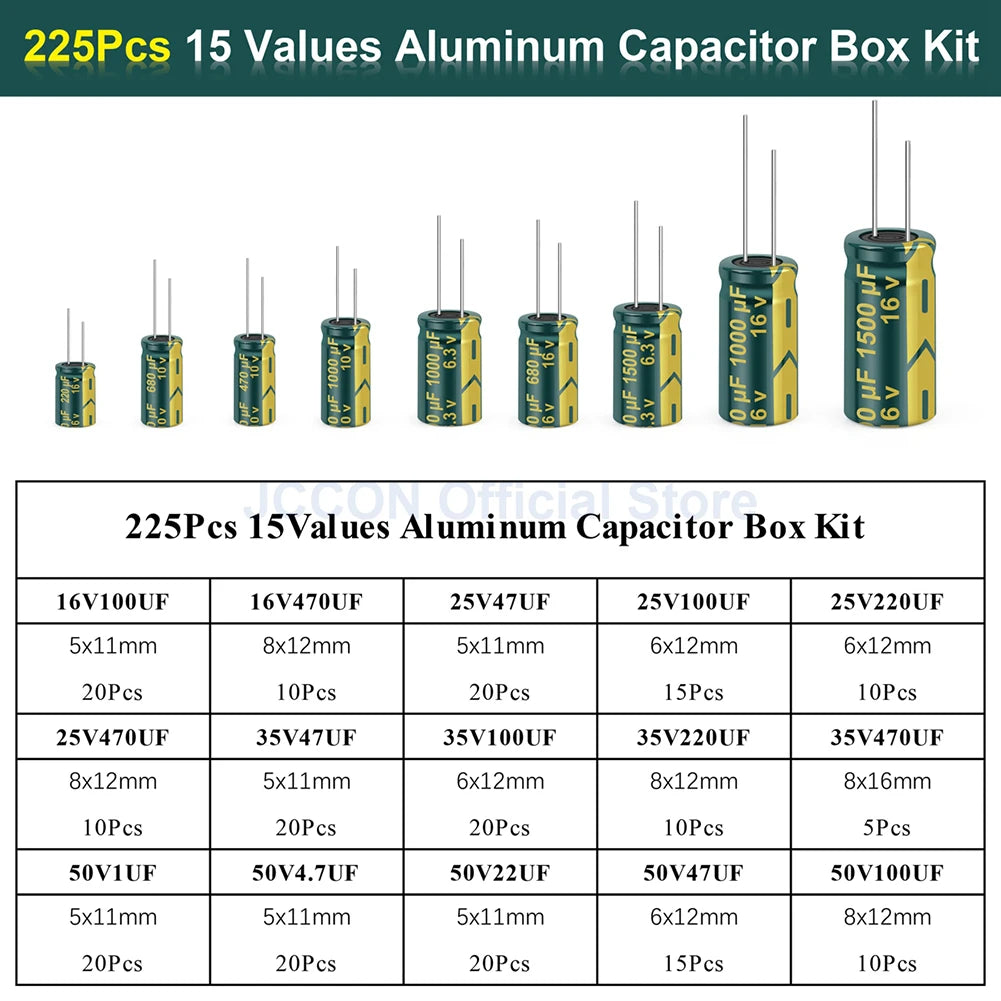15/24/36 Values 225/460/925Pcs Aluminum Electrolytic Capacitors 16V-50V Electrolytic Capacitor Assortment Kit with Storage Box