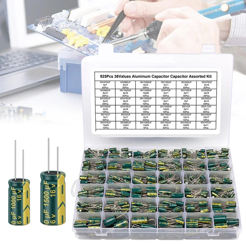 15/24/36 Values 225/460/925Pcs Aluminum Electrolytic Capacitors 16V-50V Electrolytic Capacitor Assortment Kit with Storage Box