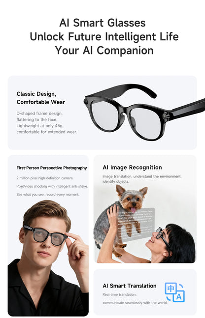 2026 AI Smart Glasses 200W HD Camera 1080P Translation AI Voice Assistant Music Playback LED Flashlight Men Women Smart Glasses