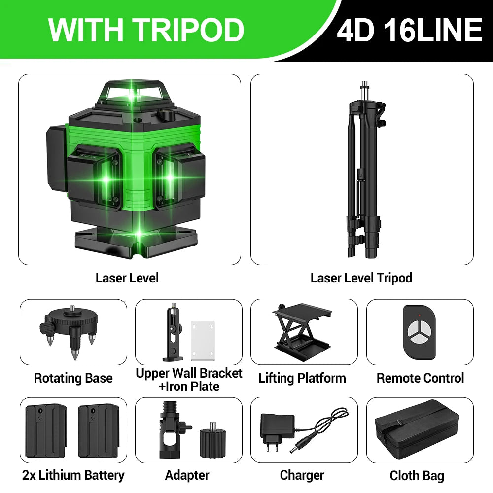 16 Lines 4D Laser Level Green Line SelfLeveling 360 Horizontal & Vertical power Laser level Professional Construction Tools