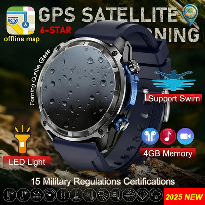 2025 New Military GPS Sports Smartwatches Men 5ATM Waterproof Fitness Tracker 4GB Memory Offline Maps 860Mah Battery Smart Watch