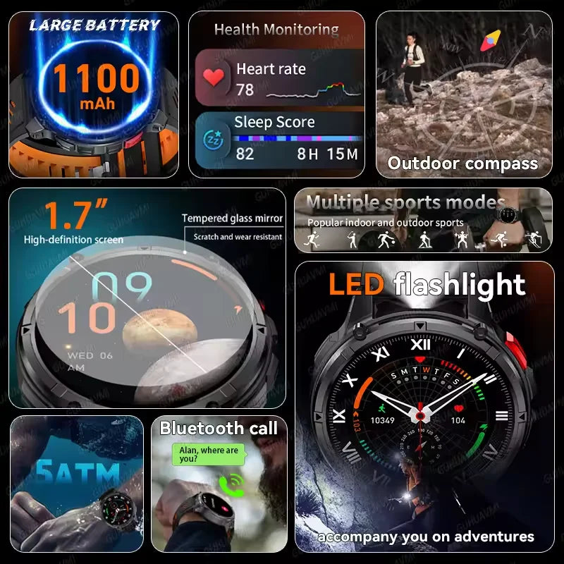 2026 New Military 1100mAh Battery Outdoor Sports SmartWatch Men Compass Flashlight GPS trackr 10ATM Waterproof Fitness Bracelet