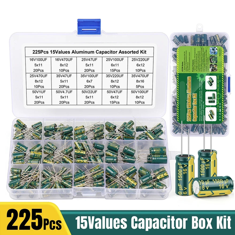15 Values 225Pcs Aluminum Electrolytic Capacitors with Storage Box Aluminum Electrolytic Capacitors Assortment Kit