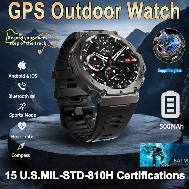 2025 NEW Outdoors Military GPS Smart Watch For Men Sports Compass Smart Watch Waterproof And Anti Drop HD Bluetooth Call Watch