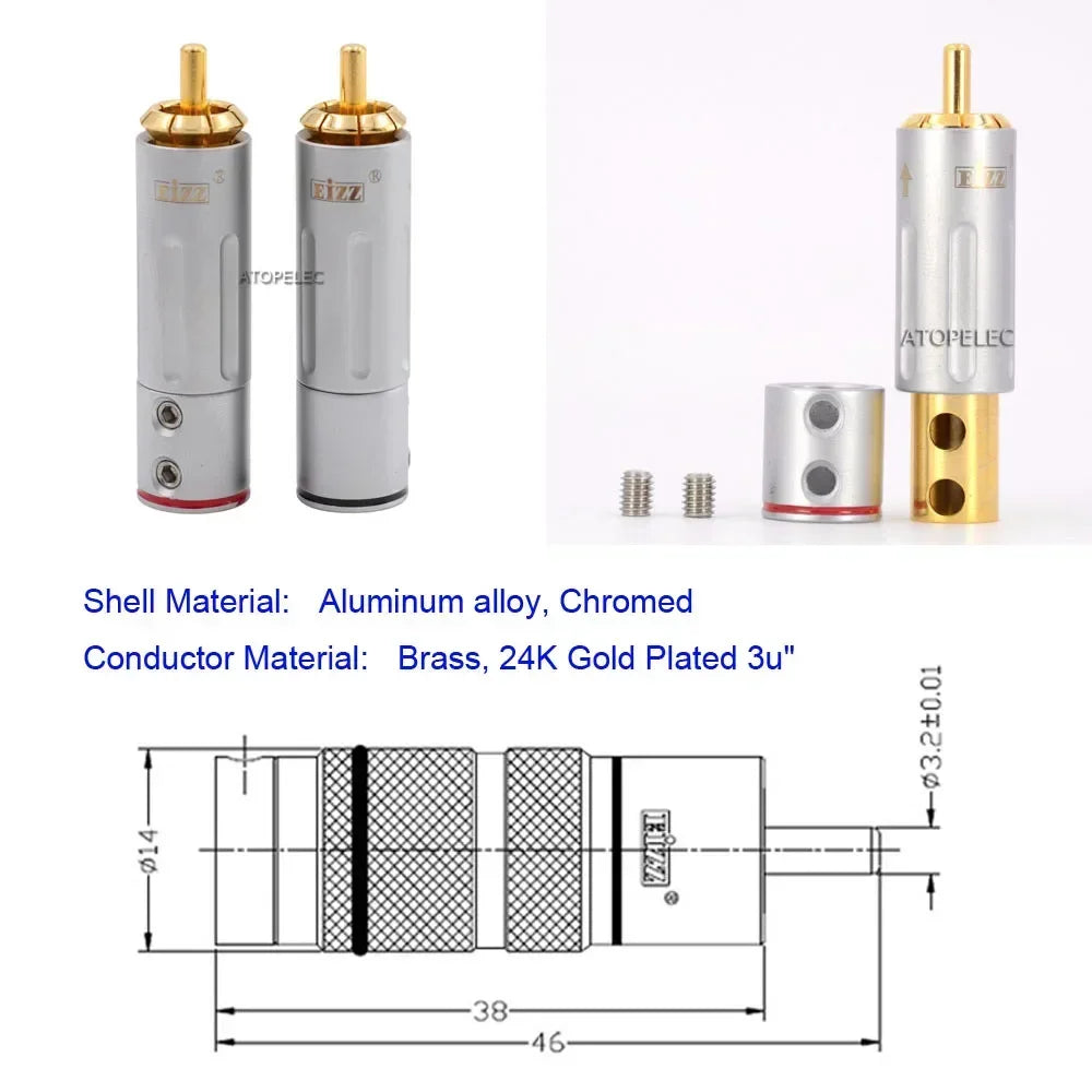 1 pair EIZZ 24K Gold/Thick Silver/Rhodium Plated Brass Male RCA Coaxial Plug Tellurium Copper Pin Hi-Fi Audio AMP CD DVD