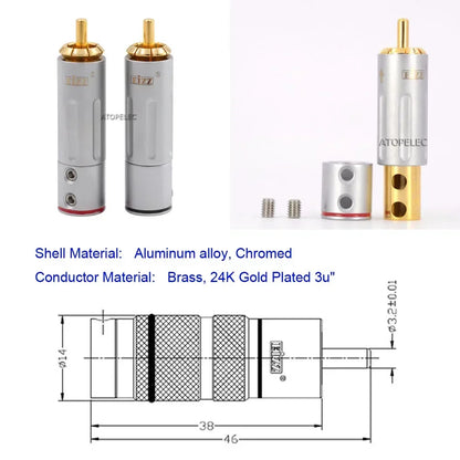 1 pair EIZZ 24K Gold/Thick Silver/Rhodium Plated Brass Male RCA Coaxial Plug Tellurium Copper Pin Hi-Fi Audio AMP CD DVD