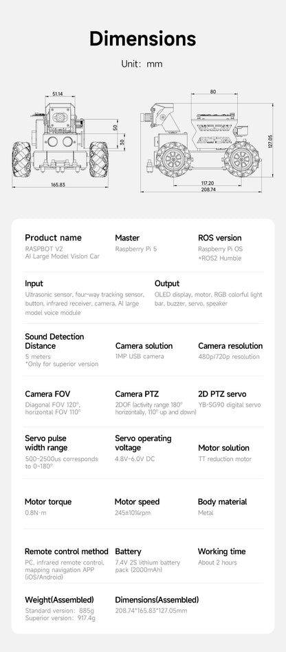 Yahboom Raspbot V2 AI Large Model Robot Car Kit with Camera Mecanum Wheel Toy Educational Python Programming for Raspberry Pi 5