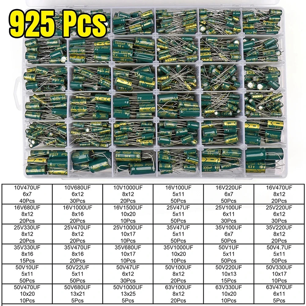 15/24/36 Values 225/460/925Pcs Aluminum Electrolytic Capacitors 16V-50V Electrolytic Capacitor Assortment Kit with Storage Box