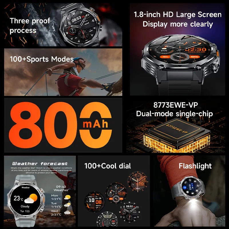 2025 New Men's Outdoor Sports Smart Watch 1.9" HD Touch Screen 800mAh Battery Life 100+ Sports Mode Fitness IPX8 Waterproof