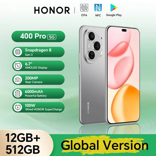 2025 New HONOR 400 Pro Global Version 5G Smartphone 200MP Camera Snapdragon 8 Gen 3 6.7'' AMOLED Screen 100W Wired 50W Wireless