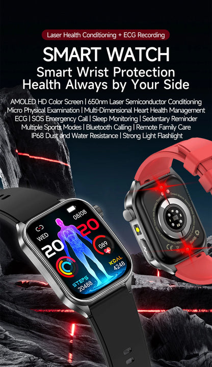 2026 New 650nm Laser Therapy Health Smartwatch Men ECG Blood Pressure Lipid Uric Acid Bluetooth Call Smart Watch For Android IOS