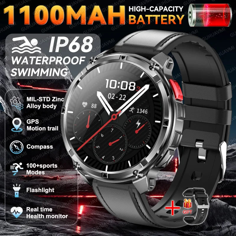 2026 New Military 1100mAh Battery Outdoor Sports SmartWatch Men Compass Flashlight GPS trackr 10ATM Waterproof Fitness Bracelet
