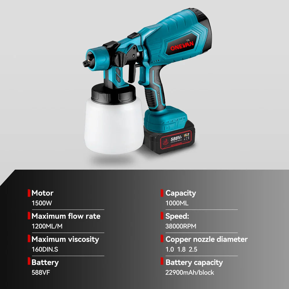 1500W 1000ML Cordless Electric Spray Gun High Power HVLP Paint Sprayer Auto Steel Coating Airbrush For Makita 18V Battery Pin