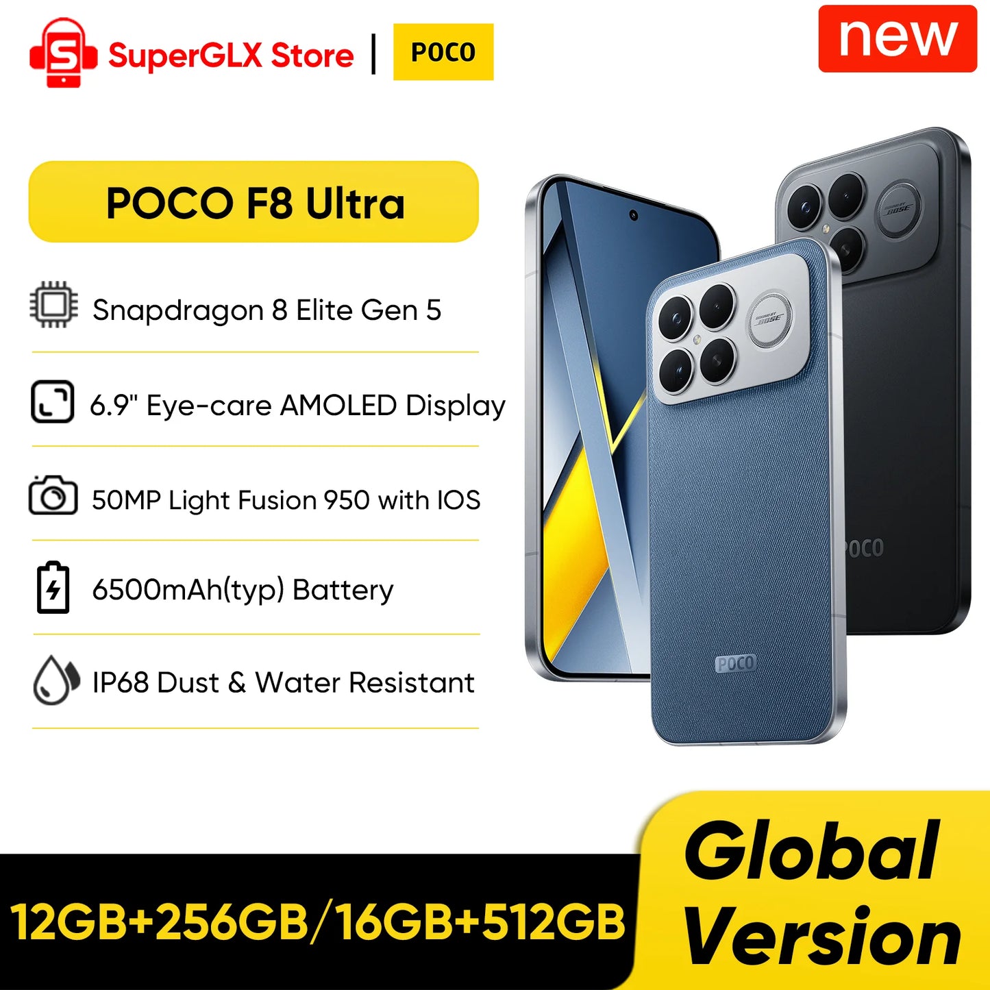 2025 New POCO F8 Ultra Global Version 5G Smartphone Snapdragon 8 Elite Gen 5 6.9" AMOLED Display 50MP 6500mAh 100W HyperCharge
