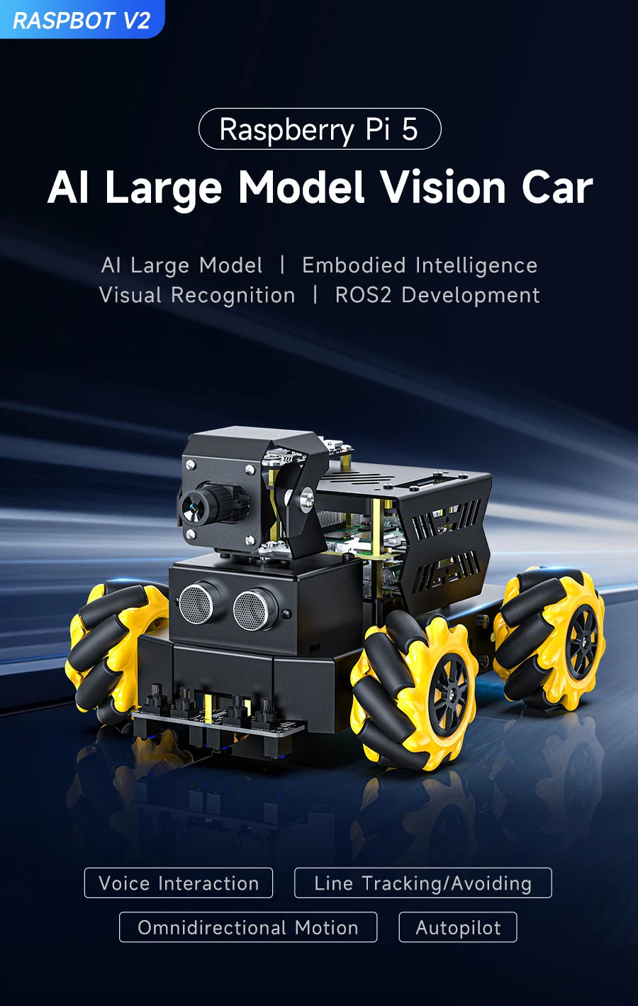 Yahboom Raspbot V2 AI Large Model Robot Car Kit with Camera Mecanum Wheel Toy Educational Python Programming for Raspberry Pi 5