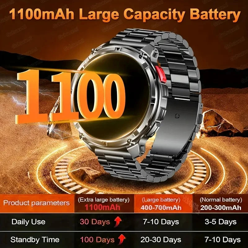 2026 New Military 1100mAh Battery Outdoor Sports SmartWatch Men Compass Flashlight GPS trackr 10ATM Waterproof Fitness Bracelet