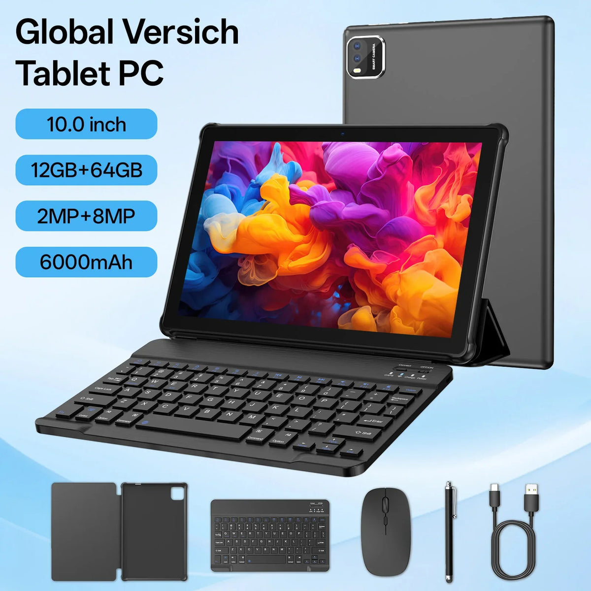 10-inch tablet PC, Android 15 system, quad-core processor, 12 (3+9) GB + 64GB storage, expandable up to 1TB, supports WiFi 6,
