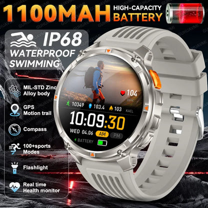 2026 New Military 1100mAh Battery Outdoor Sports SmartWatch Men Compass Flashlight GPS trackr 10ATM Waterproof Fitness Bracelet