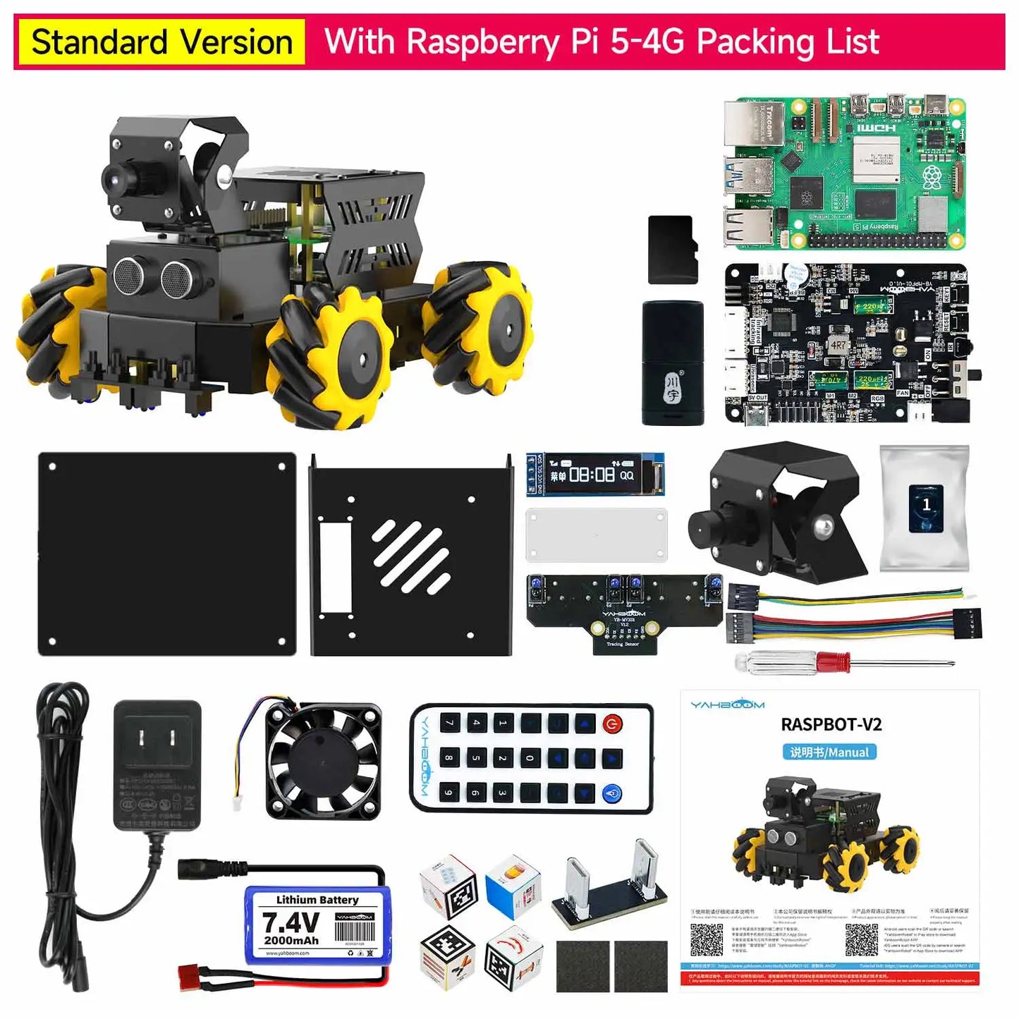 Yahboom Raspbot V2 AI Large Model Robot Car Kit with Camera Mecanum Wheel Toy Educational Python Programming for Raspberry Pi 5