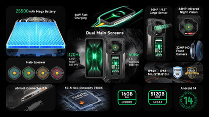 【World Premiere】Ulefone Armor 33 Pro 5G Rugged Phone 25500 mAh 512GB ROM 120Hz 6.59”3.4" Rear Screen NFC Android Smartphone