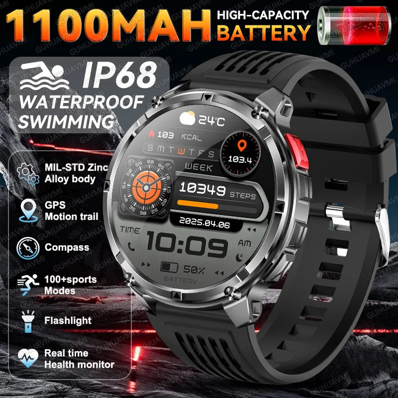 2026 New Military 1100mAh Battery Outdoor Sports SmartWatch Men Compass Flashlight GPS trackr 10ATM Waterproof Fitness Bracelet