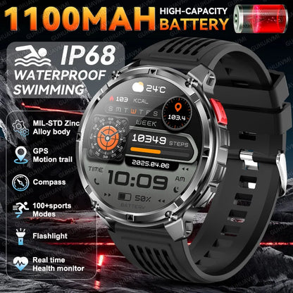 2026 New Military 1100mAh Battery Outdoor Sports SmartWatch Men Compass Flashlight GPS trackr 10ATM Waterproof Fitness Bracelet