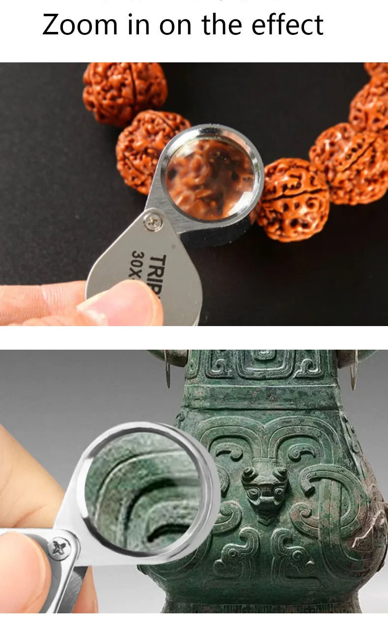 10-30X Pocket Loupe Magnifier Jewelry Magnifying Glass Foldable Diamond Lupa Triplet Jewelers Eye Glass Tool Reading Magnifiers