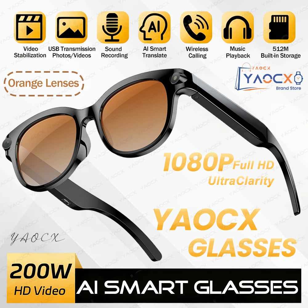 2026 AI Smart Glasses 200W HD Camera 1080P Translation AI Voice Assistant Music Playback LED Flashlight Men Women Smart Glasses