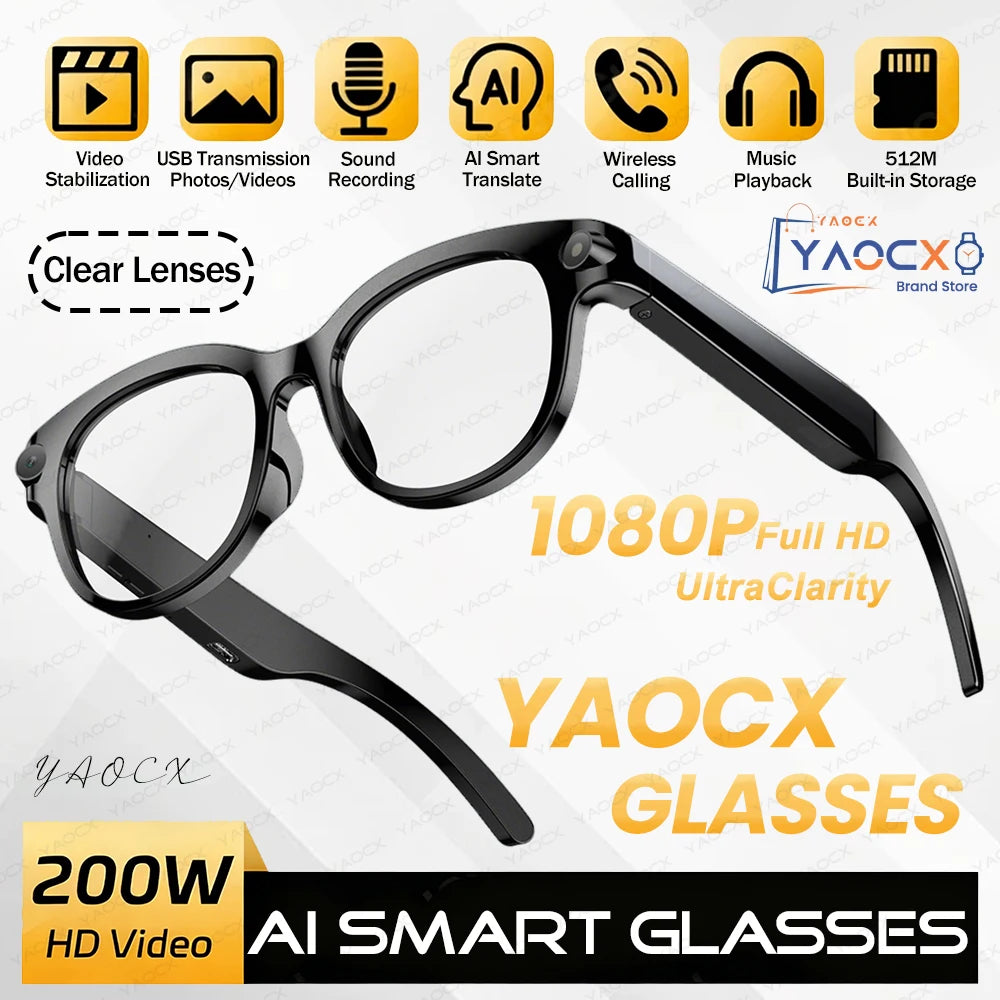 2026 AI Smart Glasses 200W HD Camera 1080P Translation AI Voice Assistant Music Playback LED Flashlight Men Women Smart Glasses