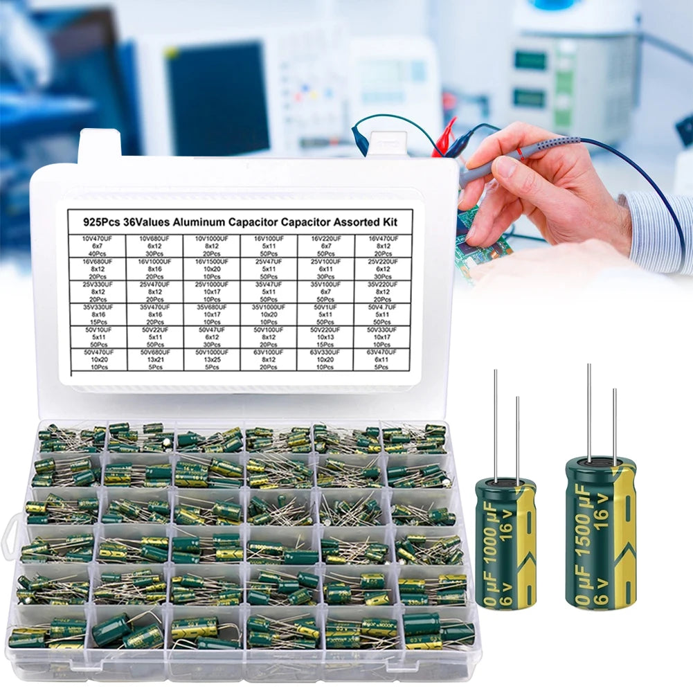 15/24/36 Values 225/460/925Pcs Aluminum Electrolytic Capacitors 16V-50V Electrolytic Capacitor Assortment Kit with Storage Box