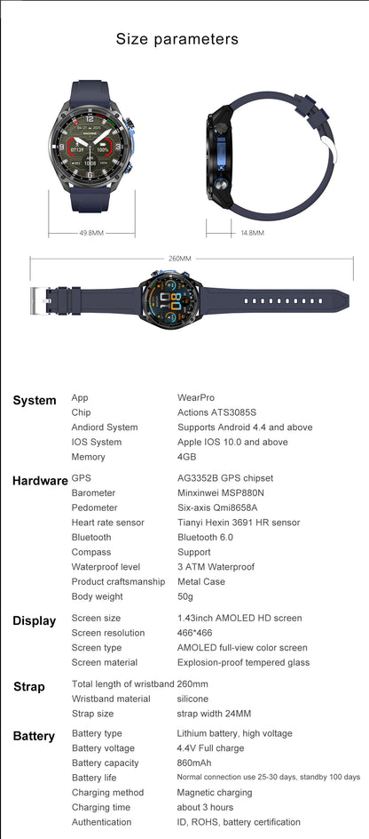 2025 New Military GPS Sports Smartwatches Men 5ATM Waterproof Fitness Tracker 4GB Memory Offline Maps 860Mah Battery Smart Watch