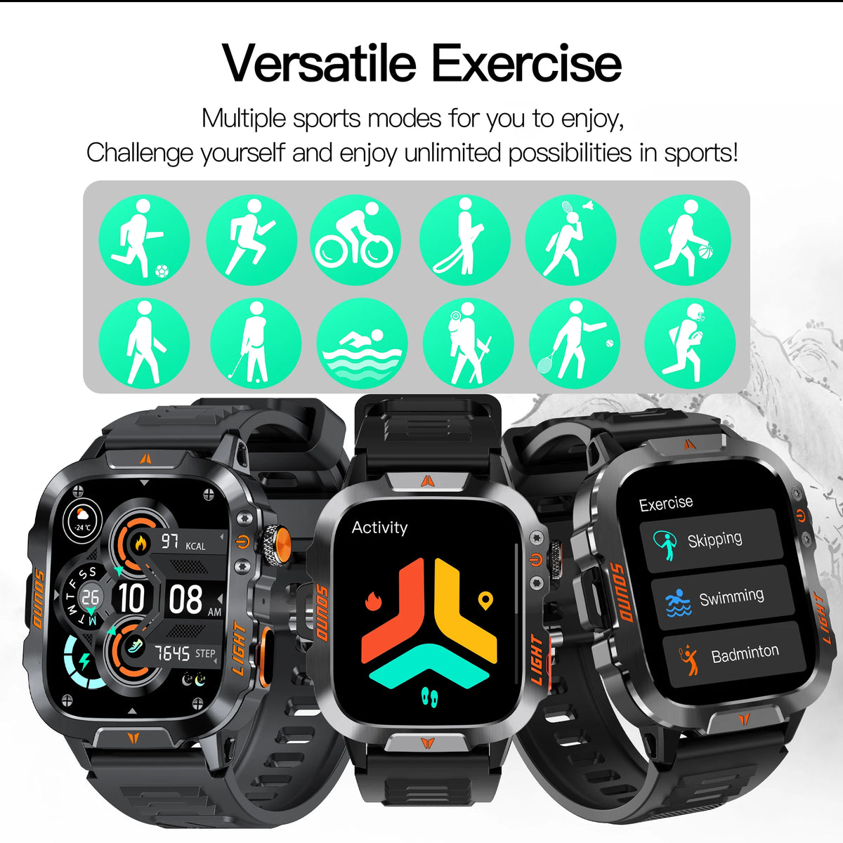 2025 New Outdoor Smart Watch Men's 1.96-inchSquareHDScreen 420 mAh Wireless Call with Flashlight 100+Sports Mode Fitness Tracker