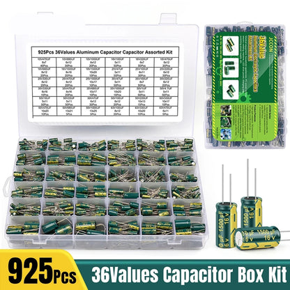 15/24/36 Values 225/460/925Pcs Aluminum Electrolytic Capacitors 16V-50V Electrolytic Capacitor Assortment Kit with Storage Box