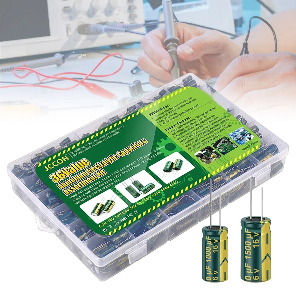 15/24/36 Values 225/460/925Pcs Aluminum Electrolytic Capacitors 16V-50V Electrolytic Capacitor Assortment Kit with Storage Box